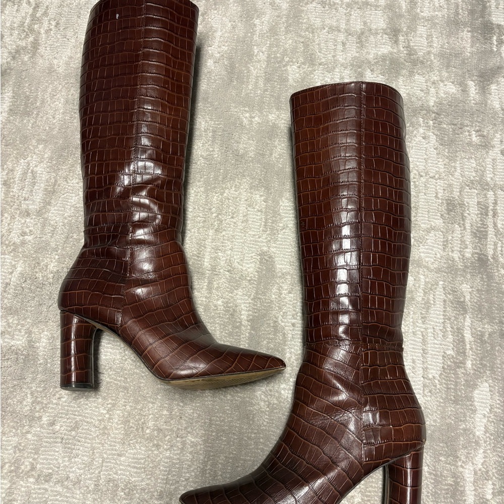 Aqua Elegant Brown Croc-Embossed Knee-High Boots